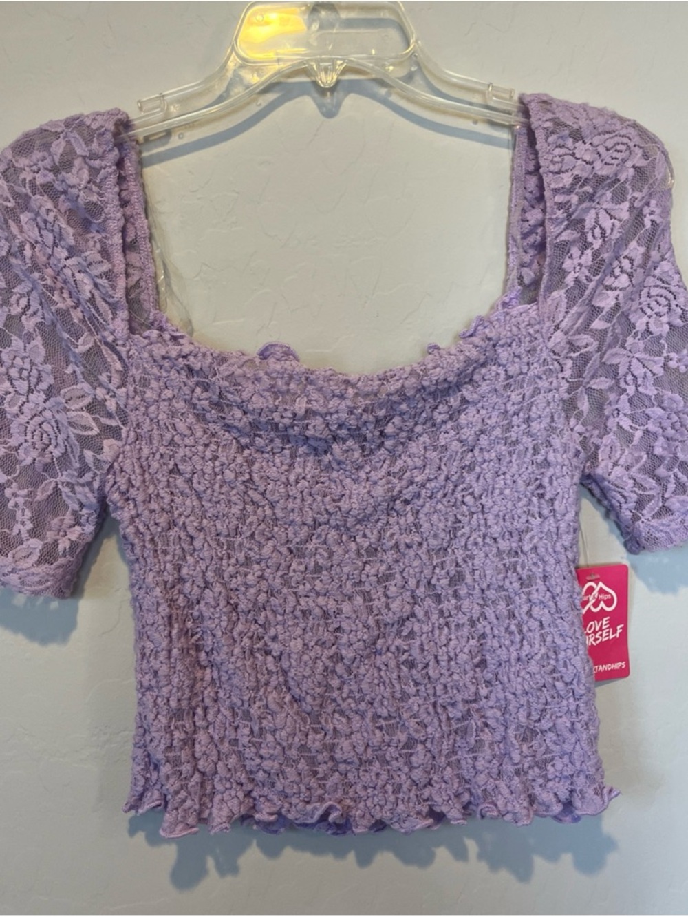 Heart & Hips Lavender Lace Smocked Square-Neck PullOver Top size L